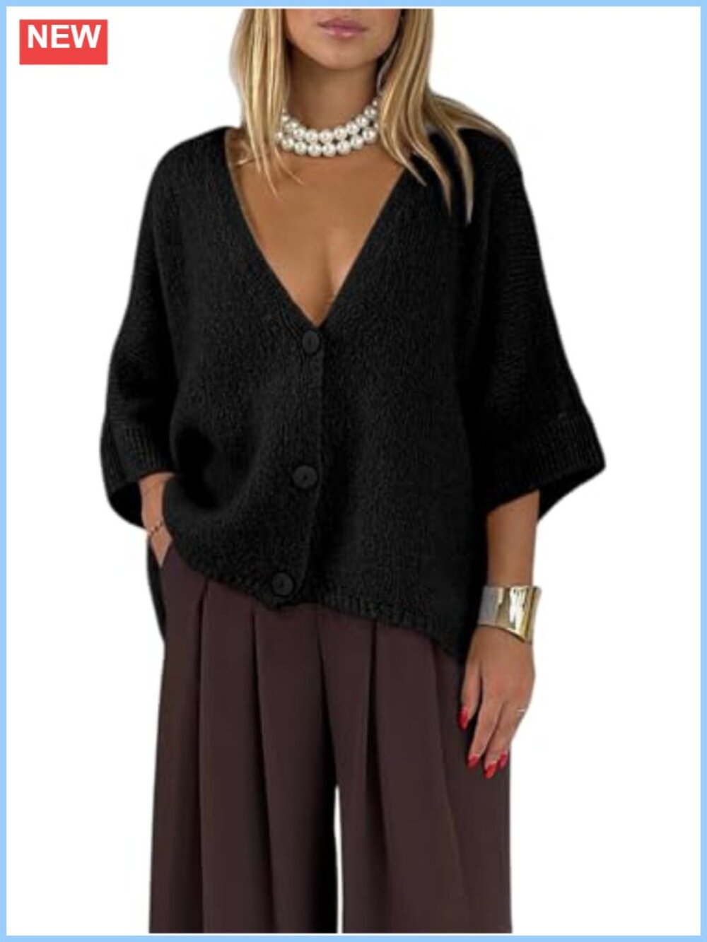 Oversized Short Sleeve Button Up Cardigan V Neck Knit Sweater